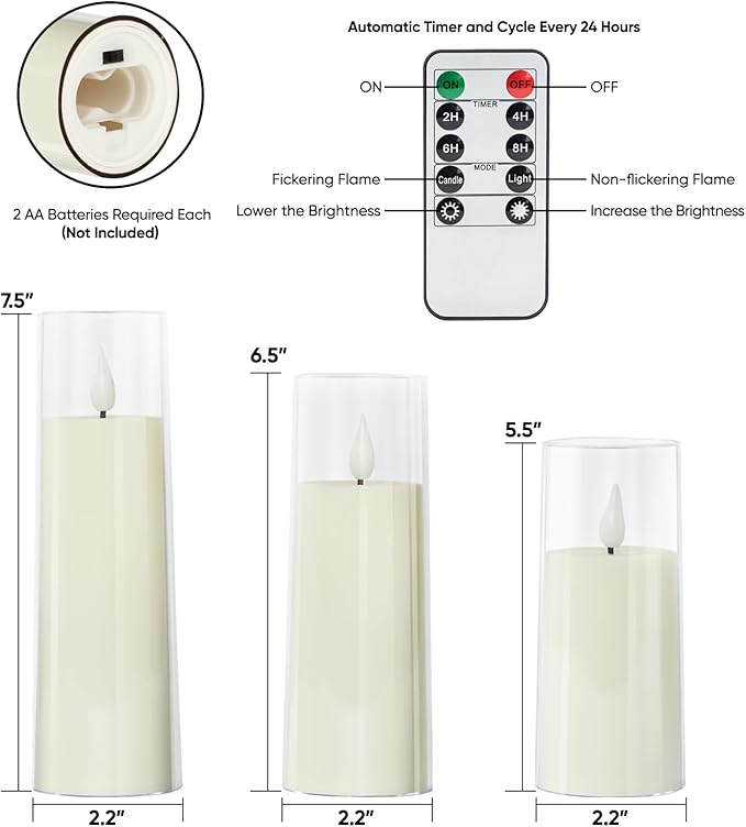 Amagic Ivory Flameless Candles with Remote, Battery Operated Candles with Timer, Acrylic Plexiglass Flickering LED Fake Candle for Wedding, Holiday, Home Decor, Set of 9, D2.2 x H5 6" 7"-Ruum Studio Home