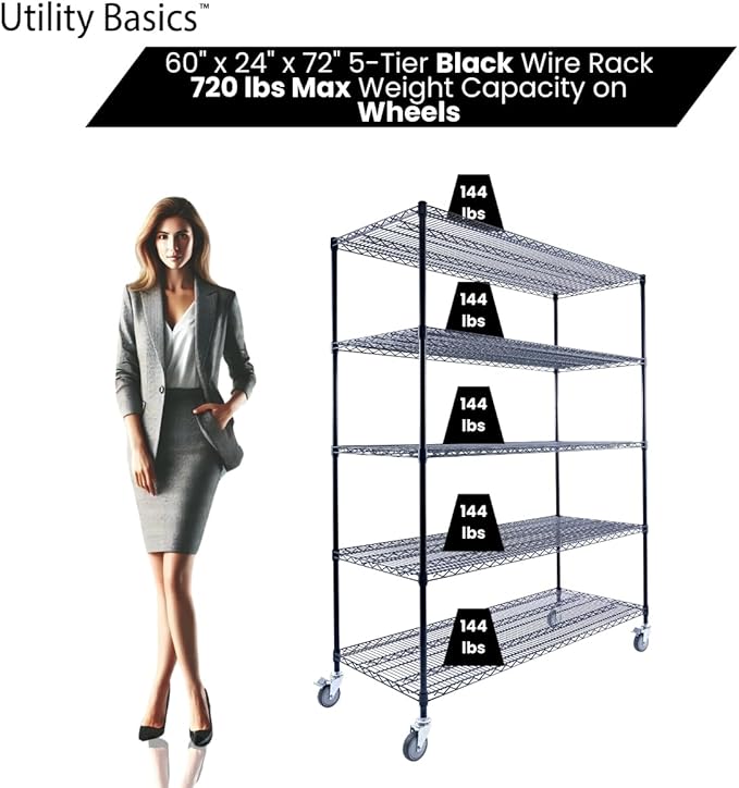 60"x24"x72" Black 5-Tier Premium Metal Wire Shelving NSF 4000 LBS MAX Capacity Heavy Duty Steel Storage Rack for Warehouse, Garage, Hospital, Commercial Space & School w/Premium Wheels-Ruum Studio Home