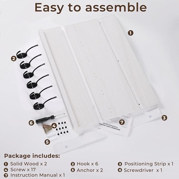 Shelf with Hooks, Coat Rack Wall Mount with 6 Double Metal Hooks, 17 Inch Farmhouse Wall Hooks with Shelf for Entryway, Bathroom, Kitchen, White-Ruum Studio Home