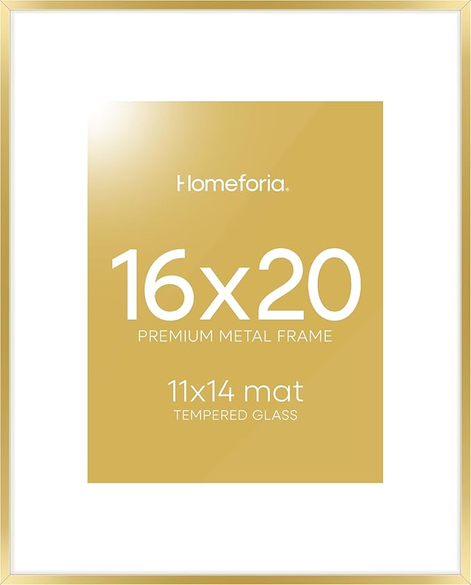 Homeforia 16 x 20 Picture Frame Gold, High End Metal 16x20 Poster Frames with Mat 11x14 Photo, 16 x 20 Gold Frame Matted to 11 by 14 Print, 20x16 Thin Hanging Frame, Tempered Glass, Wall Kit, Set of 1-Ruum Studio Home