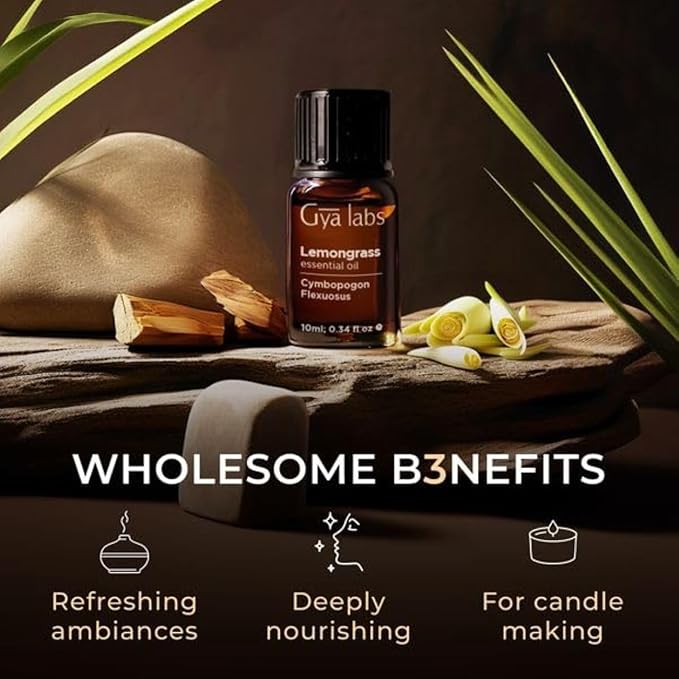 Gya Labs Lemongrass Essential Oil for Diffuser - 0.34 Fl Oz - 100% Pure Natural - Lemongrass Oil for Hair, Skin, Herbaceous, Candle Making Scent-Ruum Studio Home