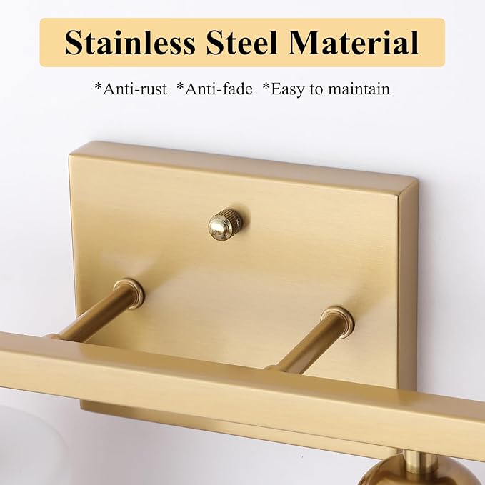 Stainless Steel Milk Glass Vanity Lights for Bathroom, 2 Light Gold Bathroom Light Fixtures Over Mirror, Ceramic E26 Sockets Wall Mounted-Ruum Studio Home