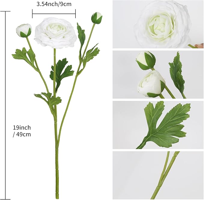 IPOPU 4PCS Real Touch White Ranunculus Artificial Flowers Faux Ranunculus Flowers for Vase Real Look Silk Peonies Fake Peony Flowers for Home Indoor Wedding Centerpieces for Table Decorations (White)-Ruum Studio Home