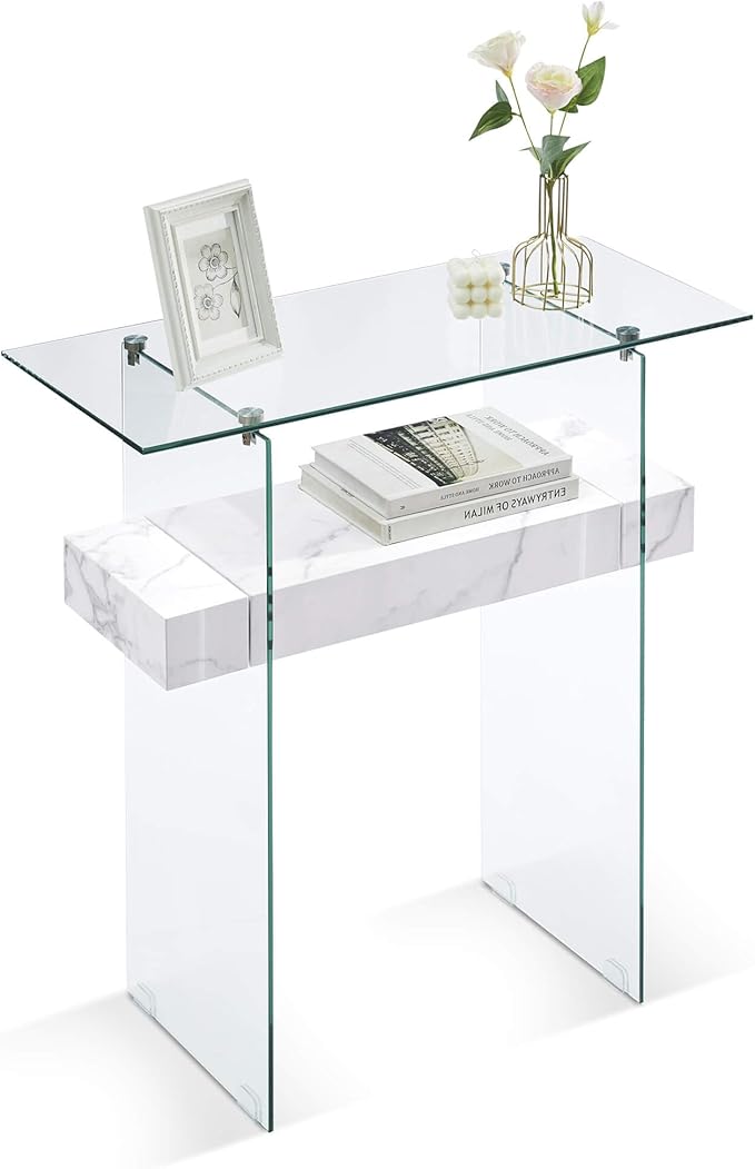 ivinta Glass Console Table with Storage, 31.5'' Modern Narrow Sofa Table with Storage Shelves for Living Room, Hallway, Foyer, Bedroom 5103 (White)-Ruum Studio Home