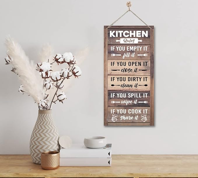 Hanging Kitchen Rules Wood Decor Sign, Rustic Kitchen Wooden Signs, Printed Wood Wall Art Sign, Kitchen Door Rules Rustic Sign, Hanging Wood Sign Kitchen Decor, Funny Farmhouse Kitchen Wall Décor-Ruum Studio Home