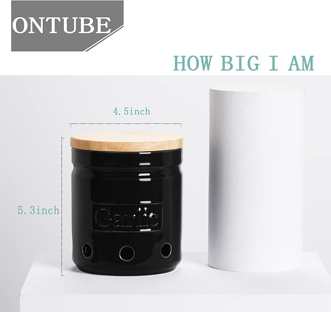 ONTUBE Large Garlic Keeper with Wooden Lid, Ceramic Garlic Holder Storage, Garlic Container for Kitchen, Garlic Saver to Keep Your Garlic Cloves Fresh Longer 4.5-Inch, Black-Ruum Studio Home