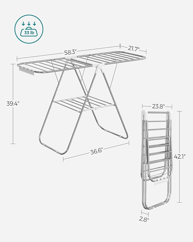 SONGMICS Clothes Drying Rack, with Sock Clips, Metal Laundry Rack, Foldable, Space-Saving, Free-Standing Airer, with 2 Height-Adjustable Gullwings, Indoor Outdoor Use, Silver and White ULLR052W01-Ruum Studio Home