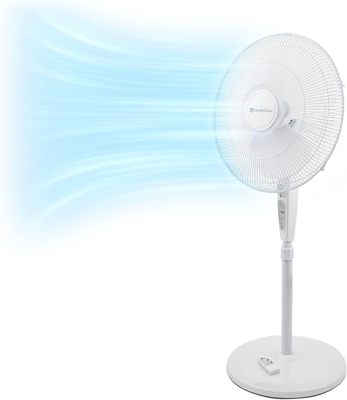 Comfort Zone 18-Inch Oscillating Pedestal Fan with Remote Control, 3-Speed Standing Fan with Adjustable Height (45–52”), Tilt, 4-Hour Timer & Auto Shutoff – Quiet Bedroom Fan, White-Ruum Studio Home