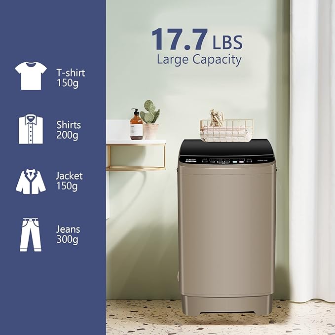 Full Automatic Washing Machine with LED Display, 17.7 lbs Portable Washer Drain Pump, 10 Programs & 8 Water Levels Selections, Ideal for RV, Camping, Apartment, Dorm, Gold-Ruum Studio Home
