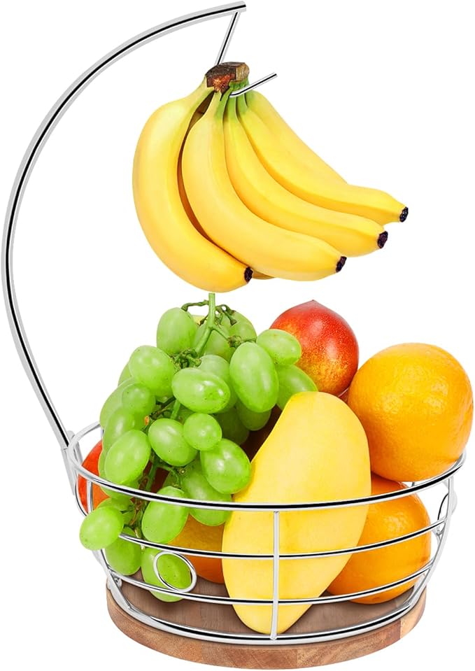 Livabber Countertop Fruit Basket Bowl with Banana Hanger, Modern Standing Fruit Vegetable Bowl Storage, with Banana Tree Holder for Kitchen Dinning Table (Round Wood, Chrome)-Ruum Studio Home
