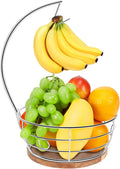 Livabber Countertop Fruit Basket Bowl with Banana Hanger, Modern Standing Fruit Vegetable Bowl Storage, with Banana Tree Holder for Kitchen Dinning Table (Round Wood, Chrome)-Ruum Studio Home