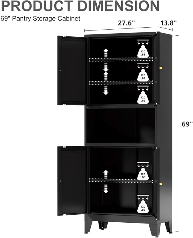 69" Tall Kitchen Pantry Cabinet, Metal Storage Cabinet with 4 Doors and Adjustbale Shelves, Freestanding Cupboards for Dining Room, Living Room, Bathroom-Ruum Studio Home