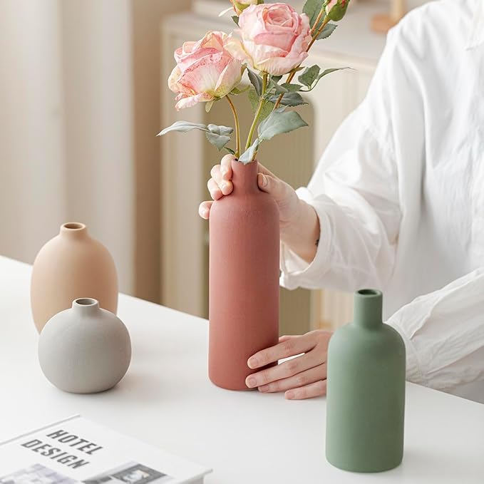 Modern Ceramic Vase Set, Neutral Colors, Decorative Vases for Home Decor, 4 Piece Collection (Green Mix Set 4)-Ruum Studio Home