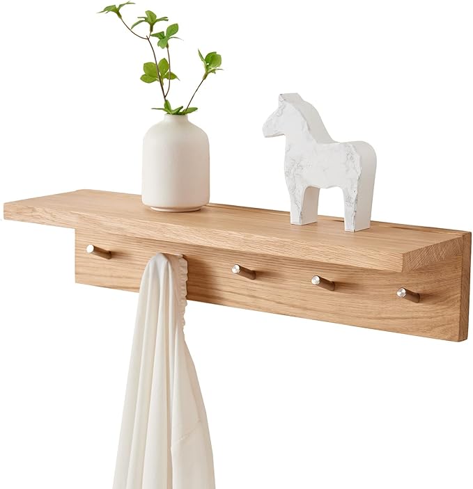 Oak Wood Wall Shelf with 5 Hooks, Entryway Shelf Coat Rack with Hooks Floating Shelves with Hooks for Clothes Hats Towel Purse Robes, Bathroom Mudroom Bedroom (20 inch)-Ruum Studio Home