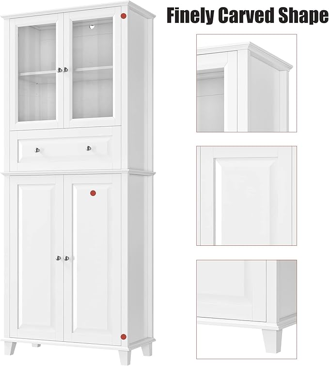 76'' Kitchen Pantry Storage Cabinet, Freestanding Kitchen Cupboard with Large Drawer, Doors, and Adjustable Shelves, Bathroom Storage Cabinet for Dining Room, Living Room, Laundry, White-Ruum Studio Home