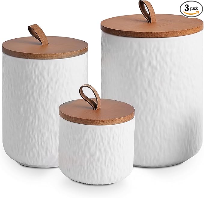 JOJUNO White Ceramic Canister Set with Wooden Lid, 3-Piece Airtight Food Storage Jars for Kitchen Counter - Flour, Sugar, Coffee, Tea, Spice - Small, Medium, Large Sizes - Stone Texture-Ruum Studio Home