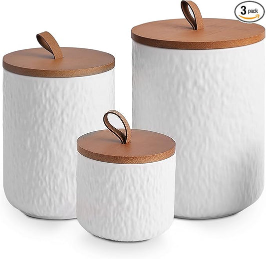 JOJUNO White Ceramic Canister Set with Wooden Lid, 3-Piece Airtight Food Storage Jars for Kitchen Counter - Flour, Sugar, Coffee, Tea, Spice - Small, Medium, Large Sizes - Stone Texture-Ruum Studio Home