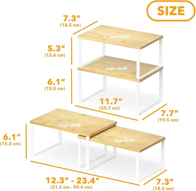SpaceAid Cabinet Shelf Organizers 2 Pack, Kitchen Counter Rack Shelves Riser, Stackable Expandable Spice Rack, Pantry Cupboard Storage Organization (White and Natural, Short)-Ruum Studio Home