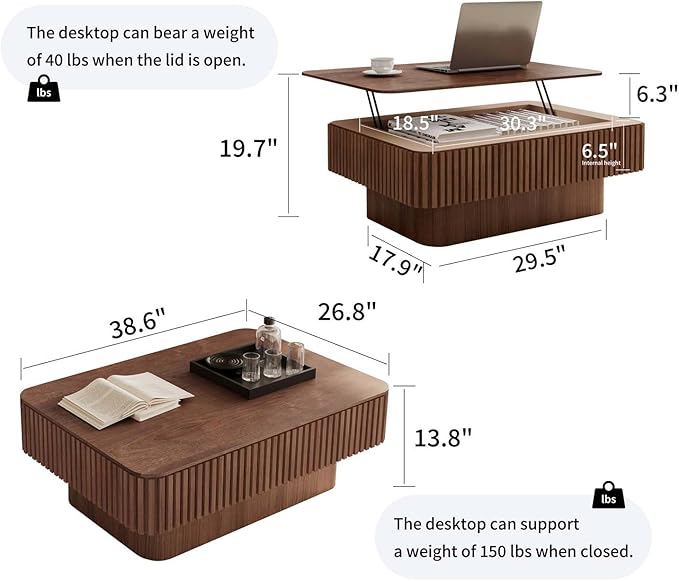 Lift Coffee Table with Storage & Adjustable Height, Solid Wood Coffee Table Fluted Center Table Accent Tea Table or Living Room, Apartment, Office (38.6" Walnut)-Ruum Studio Home