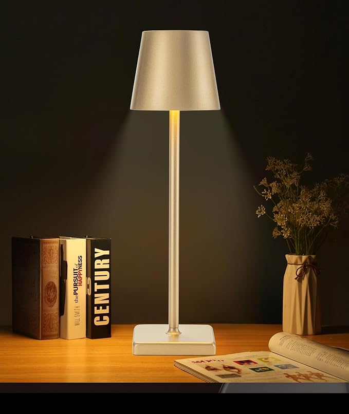 HASUN Gold Cordless Table Lamp, Aluminum Shell LED Rechargeable Desk Lamp, 3W 5200mAh Battery Operated Table Light, 3 Color Stepless Dimming Up Waterproof for Living Room/Indoor/Outdoor (Gold)-Ruum Studio Home