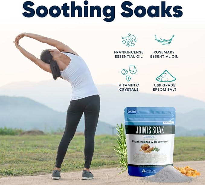Joints Soak Bath Salt 32 Ounces Epsom Salt with Natural Rosemary, Frankincense and Peppermint Essential Oils Plus Vitamin C in BPA Free Pouch with Easy Press-Lock Seal-Ruum Studio Home