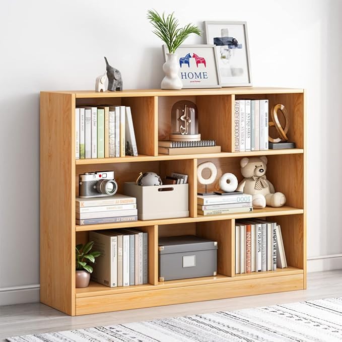 IOTXY Open Shelf Low Bookcase - Wooden 3-Tier Floor Standing Display Cabinet Organizer with Base, 8 Cubes Short Horizontal Bookshelf in Pear Yellow-Ruum Studio Home