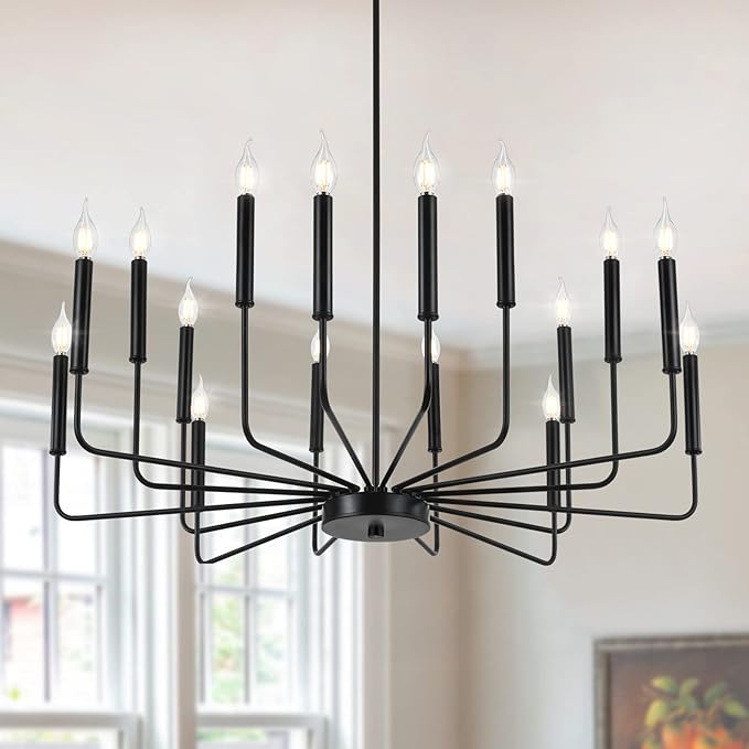 Modern Black Farmhouse Chandeliers, 16-Light Industrial Metal Chandelier Lighting, Classic Candle Hanging Pendant Light Fixtures for Kitchen Island, Living Room, Dining Room, Stair-Ruum Studio Home