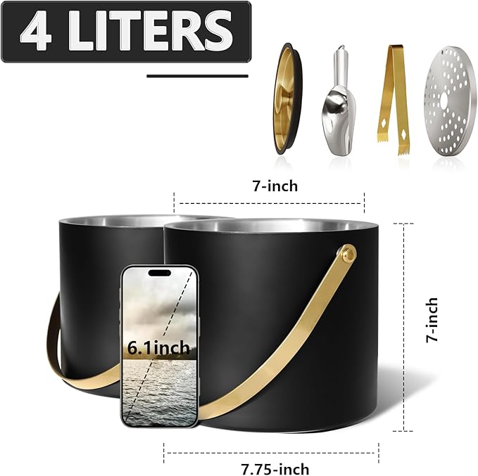 4L Ice Bucket with Silicone Lid, Scoop, Gold Tongs & Strainer, Stainless Steel Double Wall Insulated Ice Buckets for Parties & Cocktail Bar Outdoor Champagne Ice Container Bin, Black-Ruum Studio Home