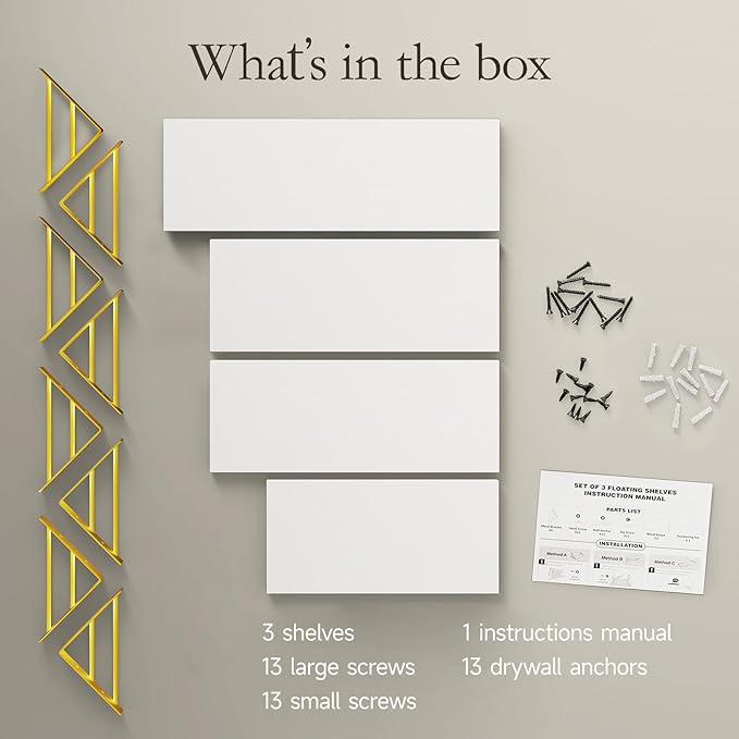 BAYKA Wall Shelves for Bedroom Decor, Floating Wall Shelves for Living Room Kitchen Storage, Wall Mounted Rustic Wood Shelves for Kids Books, Corner Shelf for Bathroom(White and Gold，Set of 4)-Ruum Studio Home