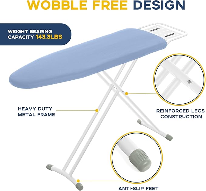 Full Size Ironing Board with Iron Rest, Heavy Duty Compact Ironing Board 43"x13" with Thick Cover and Pad, Height Adjustable Sturdy Iron Stand, Blue-Ruum Studio Home