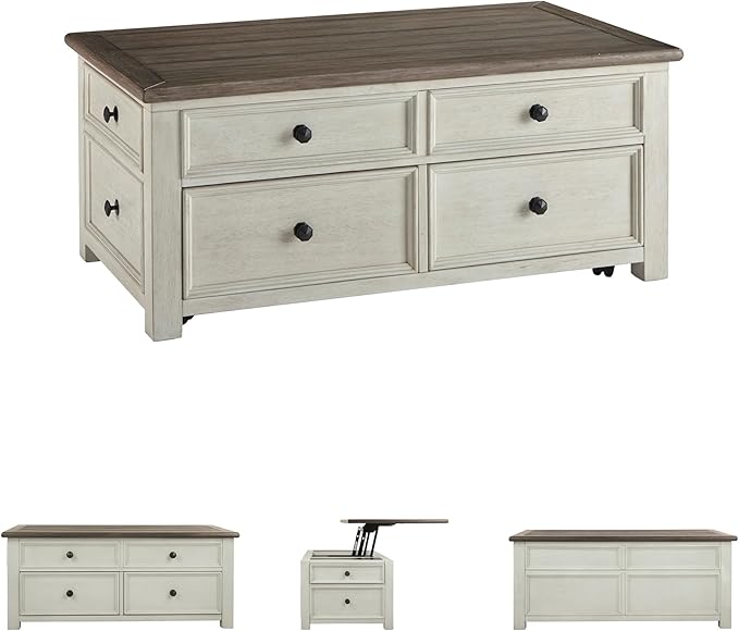 Signature Design by Ashley Bolanburg Farmhouse Lift Top Coffee Table with Drawers, Antique Cream & Brown-Ruum Studio Home