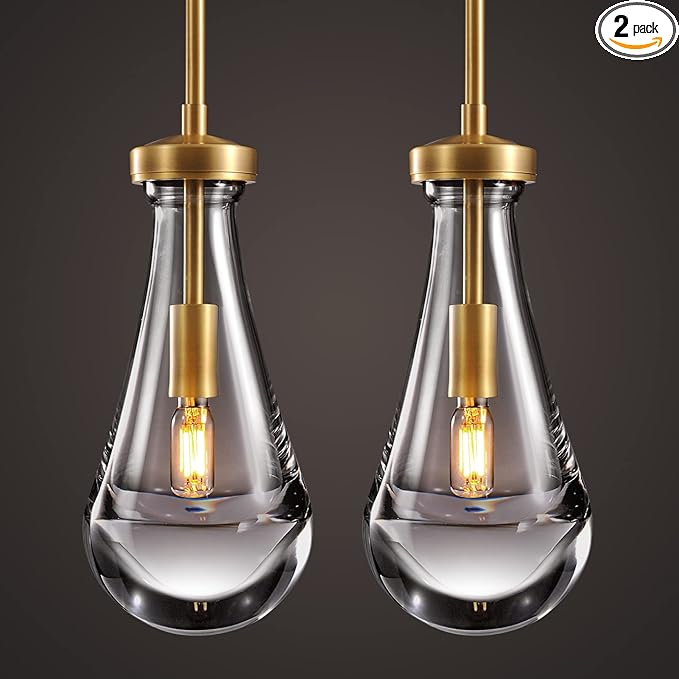Raindrop Pendant Lights 2 Pack, Pendant Lights for Kitchen Island, Brass Rod Dining Room Light Fixture, Raindrop Chandelier, Pendant Lights for Living Room Hallway, Including Bulb-Ruum Studio Home