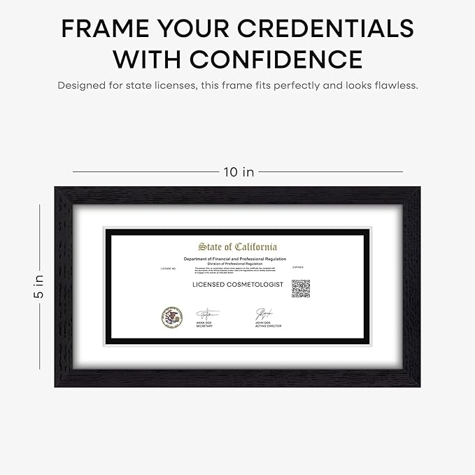 Homeforia 5x10 Business License Frame Black, High End Oak 5 x 10 Black Wood Document Certificate Frame with Mat 4x9, 10x5 Wooden Picture Frames for Wall or Tabletop, Tempered Glass, Wall Kit, Set of 1-Ruum Studio Home