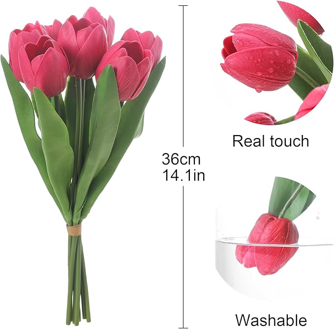 Rose Red Artificial Tulips, 2 Bundles 14Pcs, Fake Tulips Artificial Flowers, 2 x 2.4 Inch Large Flower Head Big Tulip, Easter Valentine's Day Mother's Day Home Decoration Flowers-Ruum Studio Home