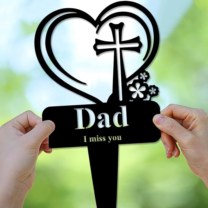 Dad Memorial Grave Stake, Cemetery Decorations for Grave Markers 12.5 x 7.2 inch Heart Metal Sympathy Stakes Graveside Plaque Decor Sign for Father Graves, Yard, Garden - Black-Dad-Ruum Studio Home