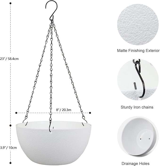 8 inch Small Hanging Planters for Indoor Outdoor Plants, 2 Pack Hanging Flower Pots with Drainage Holes and Chain for Garden Porch Plants, Plastic Hanging Baskets for House Plants, White-Ruum Studio Home