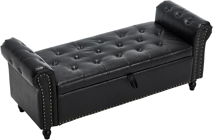 Furniliving 55” End of Bed Bench, Bedroom Bench with Button-Tufted, Large Upholstered Storage Ottoman Benches Entryway Bench with Storage Shoe Cabinet Bench, for Bedroom, Living Room, PU, Black-Ruum Studio Home