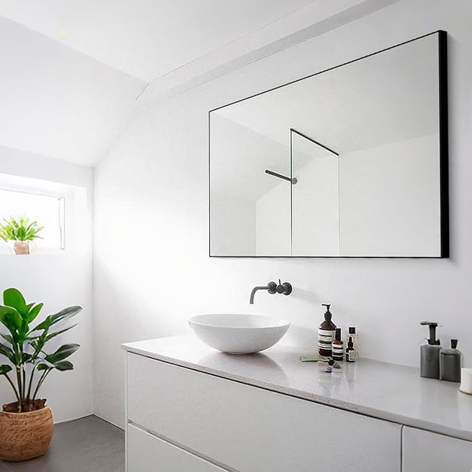 Bathroom Wall Mirror, Decorate Bathroom Mirrors for Wall, Rectangle Modern Bathroom Wall Mounted Mirror Vertical or Horizontal Hanging for Living Room (Black Framed 40’’ x 24’’)-Ruum Studio Home