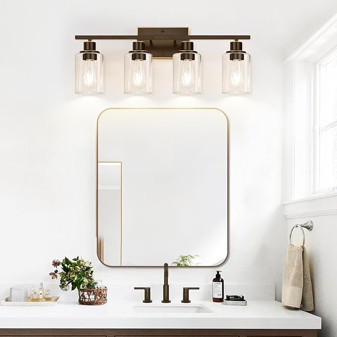 4 Light Bathroom Light Fixtures, Oil-Rubbed Bronze Modern Vanity Lights with Clear Glass Shades, Bathroom Wall Lamp for Mirror Living Room Cabinet-Ruum Studio Home