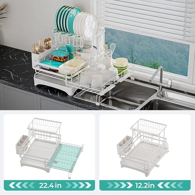 2 Tier Large Dish Drying Rack - Extendable Dish Rack, 2-in-1 Anti-Rust Stainless Steel Dishrack for Kitchen Counter and Sink, Dish Strainer with Utensil Holder & Cup Holder(White)-Ruum Studio Home