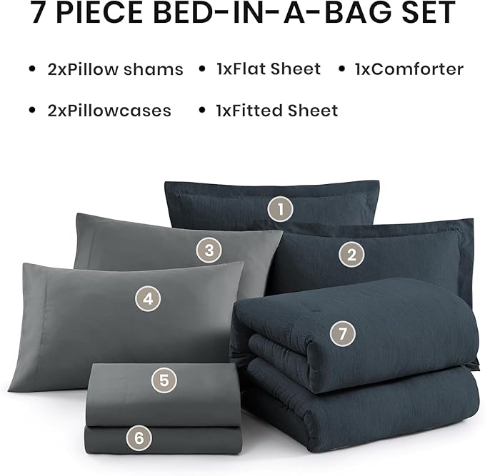 Monbix California King Comforter Set - 7 Pieces Cationic Dyeing Navy Blue Bed in a Bag Cal King Bedding Sets with Comforter, Sheets, Pillowcases & Shams, Reversible Bedding Comforters Sets(108 * 92)-Ruum Studio Home