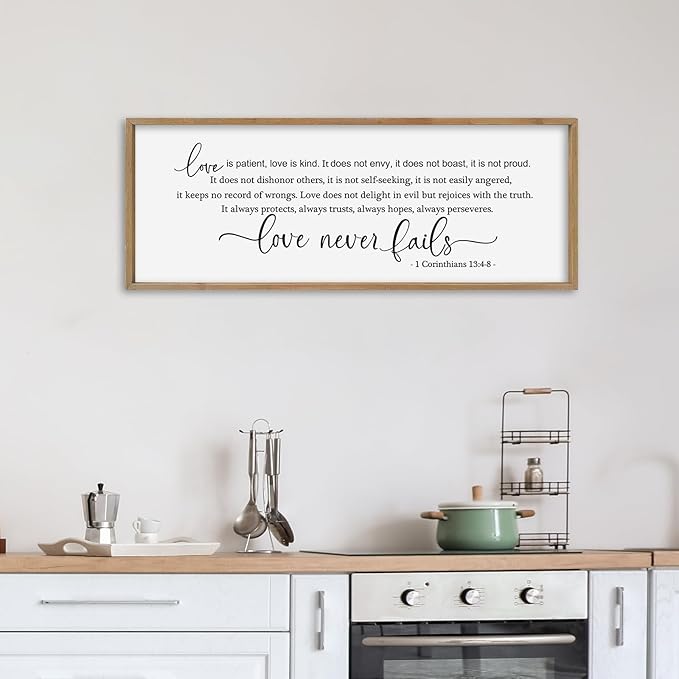 SRSZHIYUE Love is Patient Kind Sign Wall Decor Art 40"×15" 1 Corinthians 13 4-8 Master Bedroom Christian Wood Framed Large Wall Hanging (Wood)-Ruum Studio Home