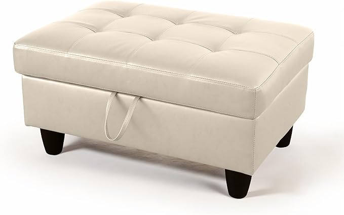 Ottoman Rectangular Storage Ottoman Bench, Faux Leather Footrest, Coffee Table, Stool Footstool with Hinged Lid for Living Room, Bedroom, Entryway, Champagne, 35"x23.5"x17.5"-Ruum Studio Home