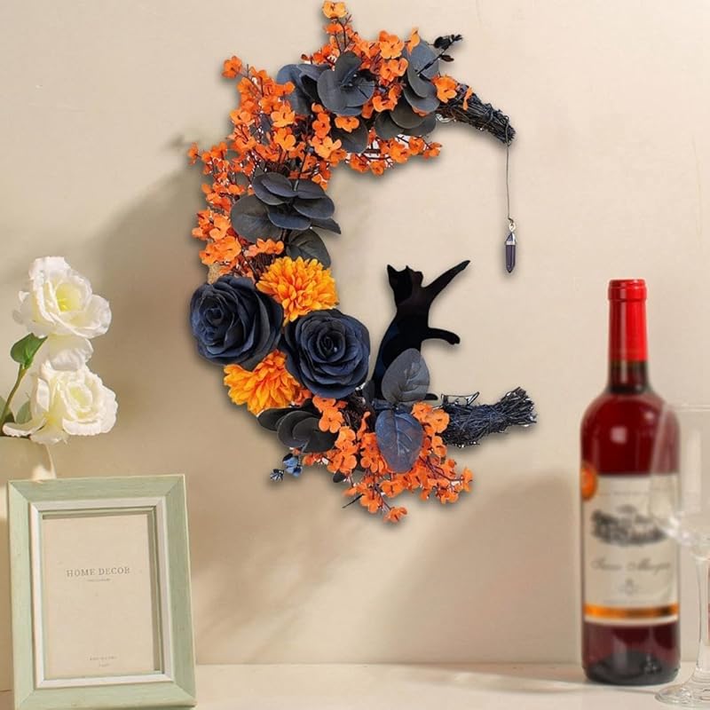 Halloween Wreaths for Front Door with Light, Black Cat Crescent Moon Wreath, Cute Cat Garland Halloween Door Decorations for Outdoor Indoor Decor Wall Window Home Party-Ruum Studio Home