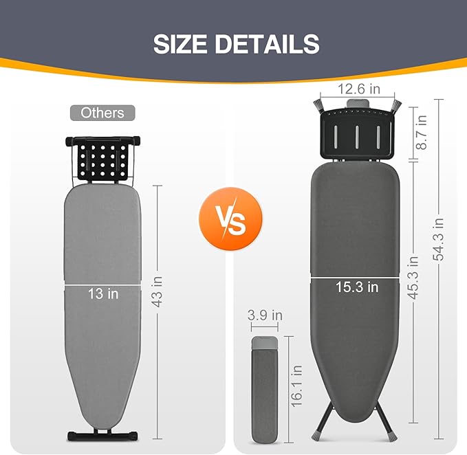 APEXCHASER Ironing Board, Full Szie Iron Board with Iron Rest,Height Adjustable,Extra Thick Heat Resistant Cover with Sleeve Board 15x45 Grey-Ruum Studio Home
