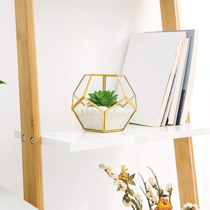 Mkono 4 Inches Mini Glass Geometric Terrarium Container Set of 3 Modern Tabletop Planter Shelves Decor Display Centerpiece for Succulent Miniature Fairy Garden Air Plant, Gold (Plant Not Included)-Ruum Studio Home