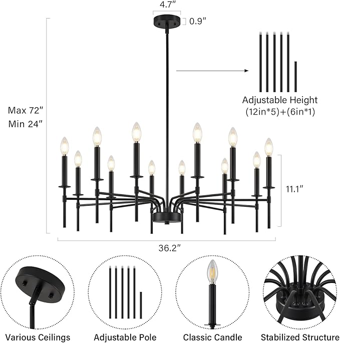12 Light Black Chandelier Light Fixture, Modern Farmhouse Chandeliers for Dining Room Light Fixture, Metal Candle Pendant Chandelier for Foyer Entryway Stairs Living Room Bedroom Kitchen-Ruum Studio Home