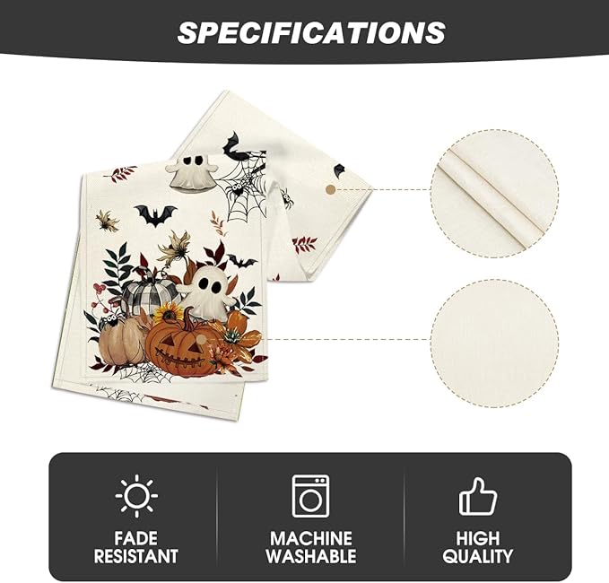 Artoid Mode Pumpkin Ghost Leaves Spider Web 210 GSM Halloween Table Runner, Spooky Kitchen Dining Table Decoration for Home Party Decor 13x108 Inch-Ruum Studio Home