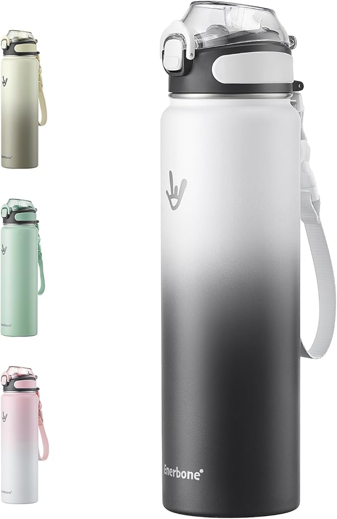 Enerbone 32 oz Insulated Water Bottle, Stainless Steel Bottle with Carrying Strap, Double-Wall Vacuum Insulation Design, Leakproof Sports Bottle with Straw, Keep Drinks Cold or Hot for Hours-Ruum Studio Home