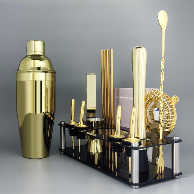 14-Piece Cocktail Shaker Set Bartender Kit with Black Stand, Bar Tool Set for Drink Mixing Bartending Kit Bar Sets Accessories: 750ml(25oz) Shaker, Jigger, Muddler, Cocktail Recipes (Gold)-Ruum Studio Home
